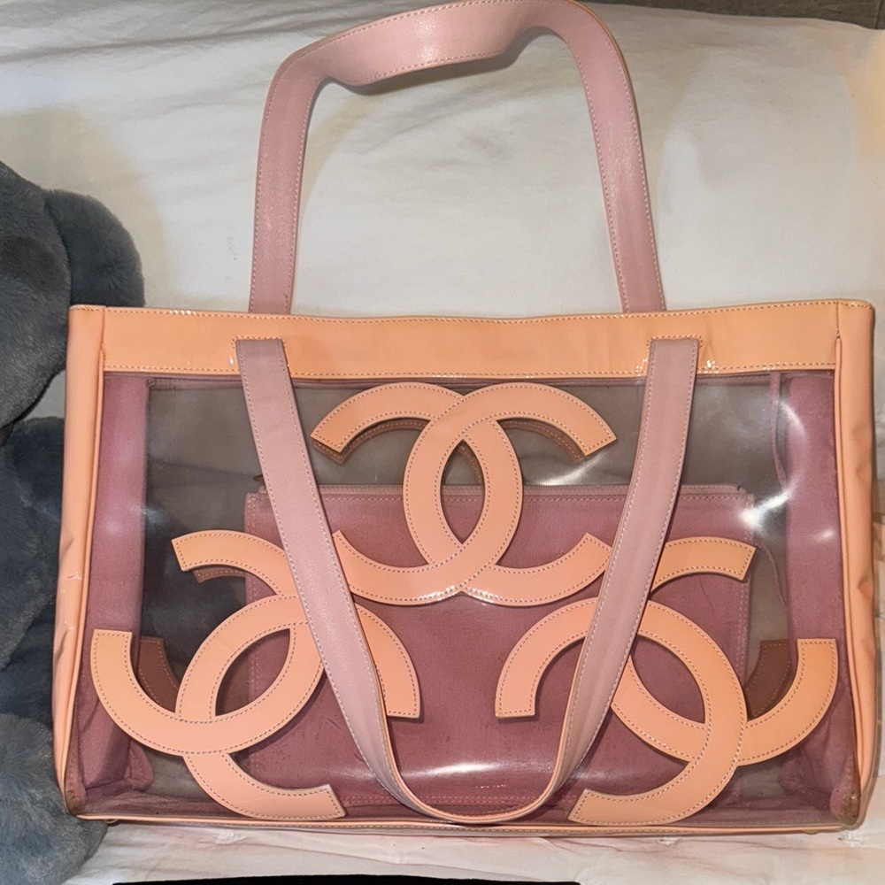 Chanel Pink Transparent Tote with Iconic CC Logos Vintage 90s XL Peachy Pink - Picture 5 of 7